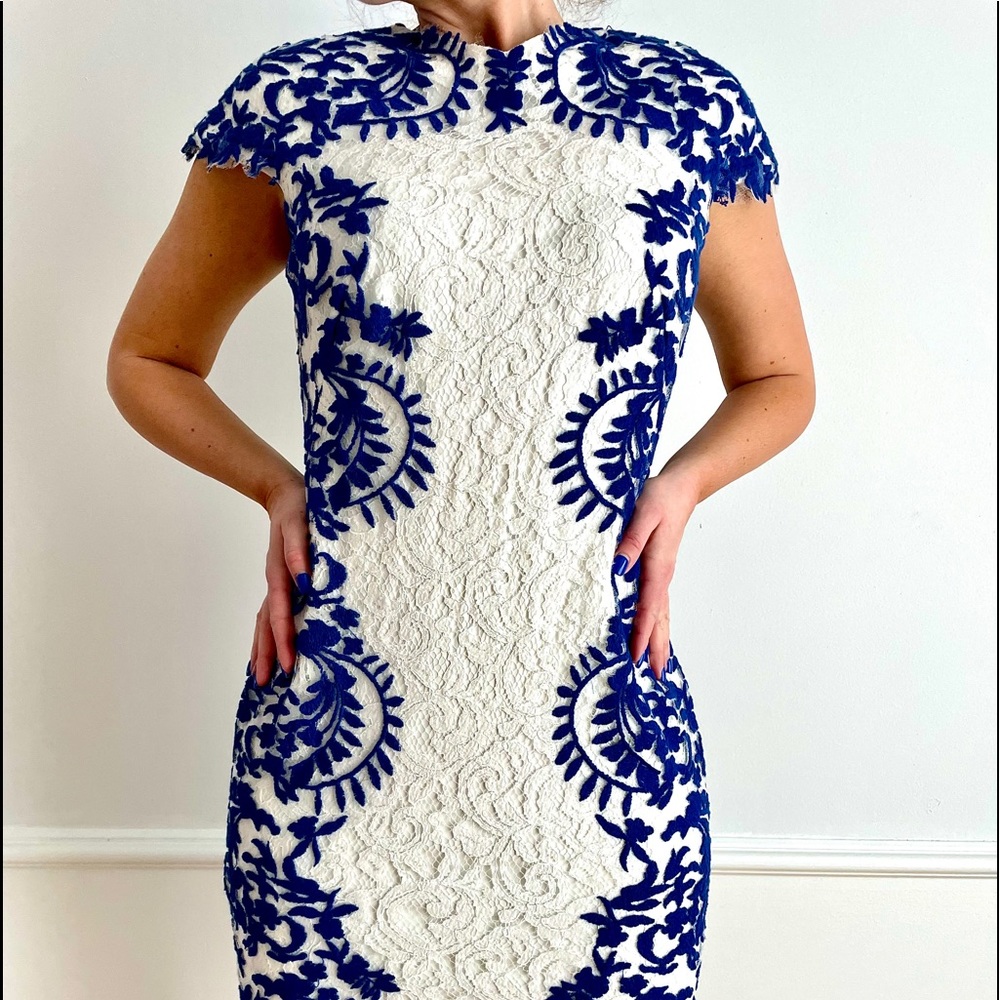 Tadashi Shoji white lace & blue embroidered dress